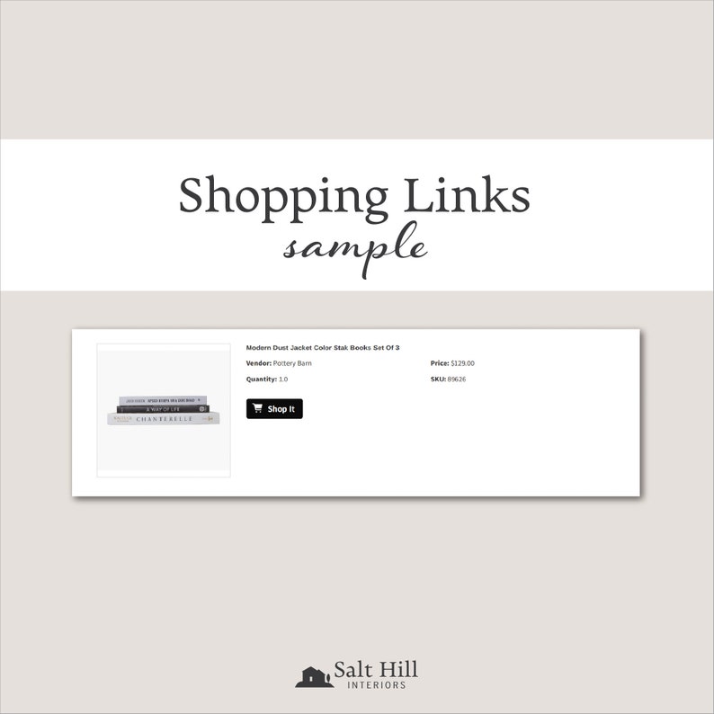 This is a sample of our clickable shopping links which is included in our moodboard listing from Salt Hill Interiors on Etsy.
