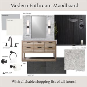 Panel de inspiración para baños modernos y oscuros/Diseño de interiores online/Diseño digital/Diseño de baños/Diseñador virtual/Descarga instantánea/Ayuda de diseño/Decoración del hogar