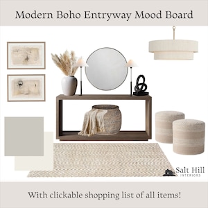 Mood Board de entrada bohemio moderno, Diseñador de interiores en línea, Diseño electrónico, Guía de compra de productos, Diseño virtual, Descarga digital, Decoración de entrada
