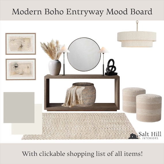 Modern Boho Entryway Mood Board|Online Interior Designer|E-design |Product Shopping Guide|Virtual Design|Digital Download|Entryway Decor