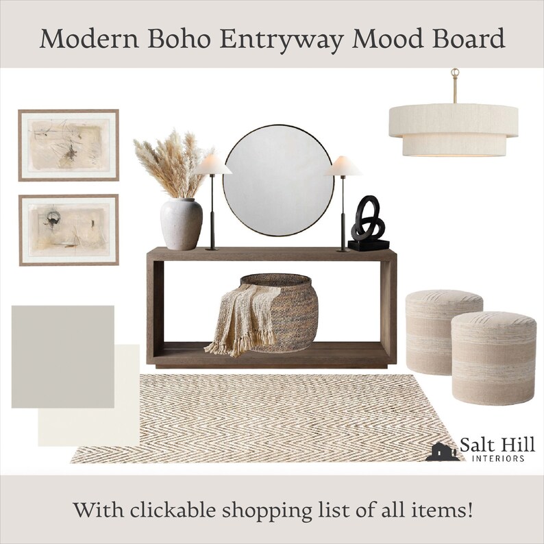 Salt Hill Interiors Modern Boho Entry Mood Board digital download listing on Etsy.