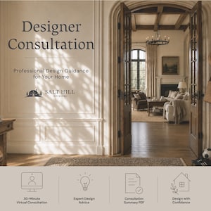 May include: A promotional graphic for Salt Hill Interiors featuring the text Designer Consultation, Professional Design Guidance for Your Home, and icons for a 30-Minute Virtual Consultation, Expert Design Advice, Consultation Summary PDF, and Design with Confidence.