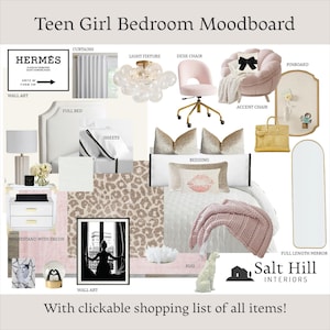 Tablero de ideas para dormitorio de adolescente/Diseño de interiores online/Diseño digital/Diseño de dormitorios/Diseñador virtual/Descarga instantánea/Decoración del hogar/Rosa y dorado