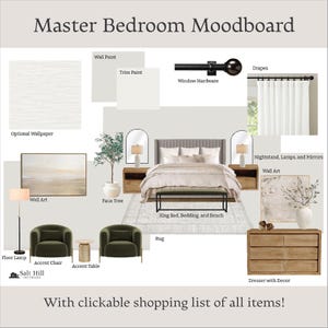 Moodboard/Diseño de interiores/Diseño de dormitorios/Servicios de diseño de interiores/Ayuda de diseño/Diseño electrónico/Descarga instantánea/Dormitorio principal con un toque terroso