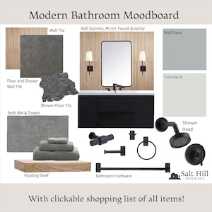 Moodboard de baños modernos/Diseño de interiores en línea/Diseño electrónico/Diseño de baños para el hogar/Diseñador virtual/Descarga instantánea/Ayuda de diseño/Decoración del hogar