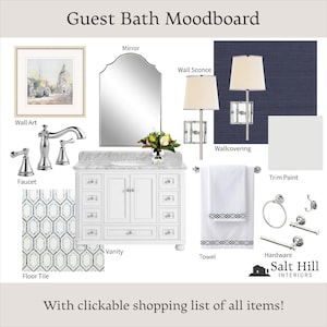 Moodboard|Interieurontwerp|Halfbadontwerp|Interieurontwerpdiensten|Ontwerphulp|E-design|Directe download|Blauwe en zilveren badkamer