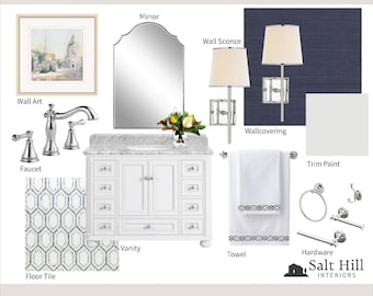 May include: Guest bathroom mood board with a white vanity, a white towel, a white wall sconce, a white floor tile, a white mirror, a white towel, and a navy blue wall covering. The text "Salt Hill Interiors" is in the bottom right corner of the image.