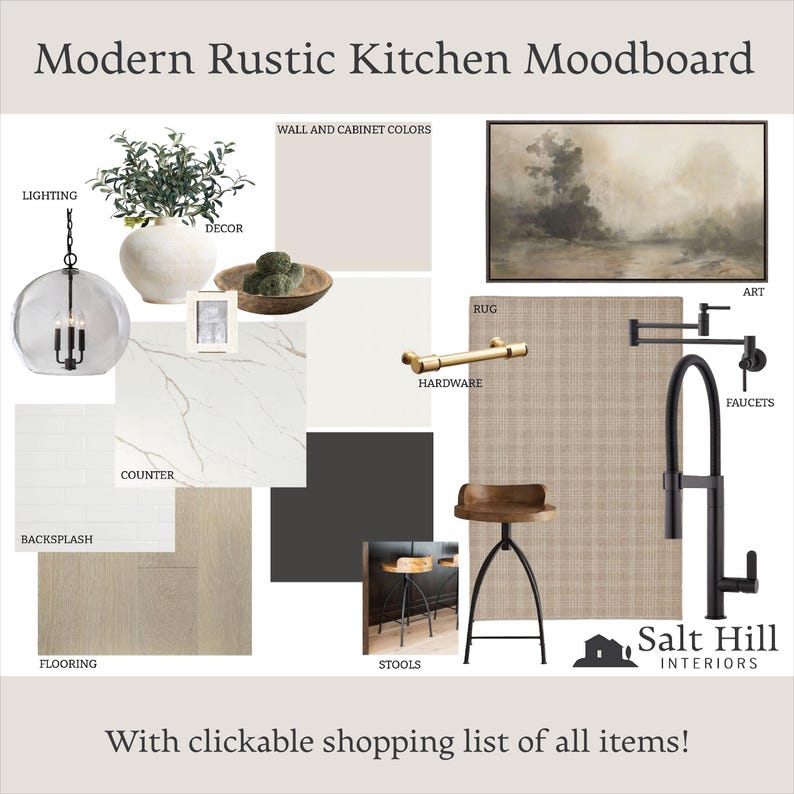 This listing is for a designer styled modern rustic moodboard from Salt Hill Interiors on Etsy.