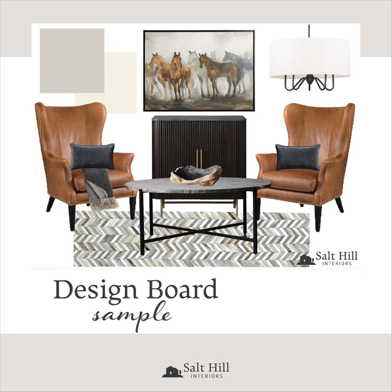 This is a sample image of our design boards from Salt Hill Interiors for our design advice listing on Etsy.