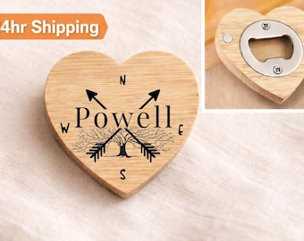 Personalisierter Familien Magnet, individueller Nachname mit Gravur Herz Flaschenöffner aus Holz