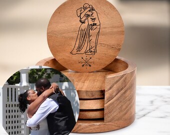 Personalisierte Foto Line Art Untersetzer, kundenspezifisches hölzernes, graviertes Geschenk, Housewarming, Hochzeit, Verlobung