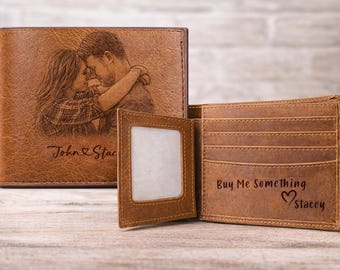 Personalisierte gravierte Leder Geldbörse | Benutzerdefiniertes Foto und Text | Männer Frauen Slim Kartenhalter