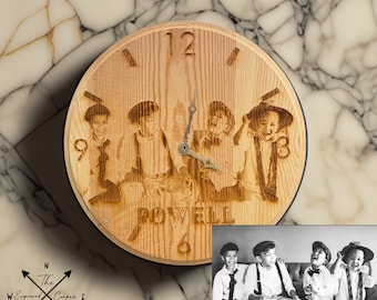 Personalisierte Foto gravierte Wanduhr, kundenspezifisches Familienandenken, rustikal, Hochzeit und Jahrestag