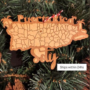 Personalized Puerto Rico Map Ornament – Laser Engraved Wood, Boricua Christmas