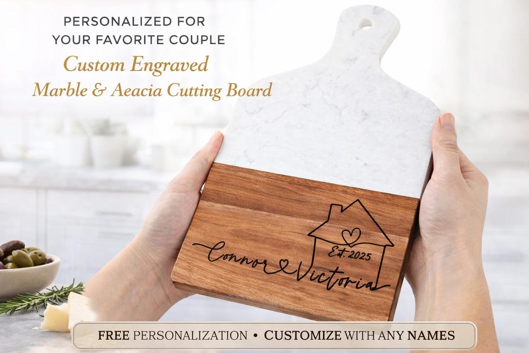 Engraved Marble Cheese Board With Acacia Wood Personalized Custom ...