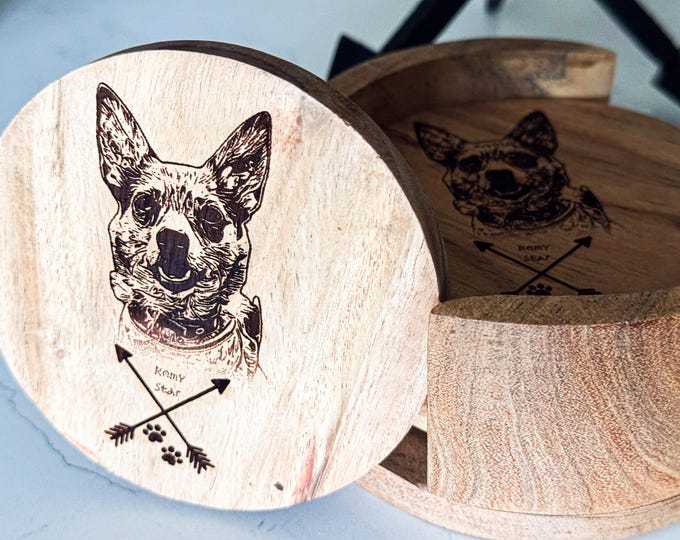 Featured listing image: Personalized Line Art Pet Portrait Wood Coaster - Custom Dog or Cat - Dog Mom or Dad Gift