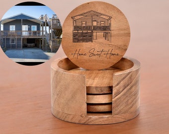Benutzerdefinierte Line Art House Portrait Holzuntersetzer Set | Makler Geschenk | Dekor