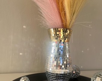 Disco Vase, Gold & Silver Mirror Tile Vase, Glam Home Decor