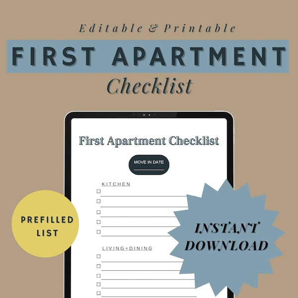 Lista de verificación del primer apartamento imprimible, editable, plantilla Canva, descarga instantánea en PDF