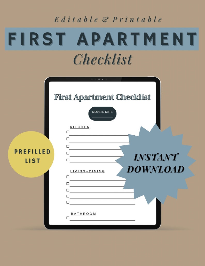 First Apartment Checklist Printable, Editable, Canva Template, Instant