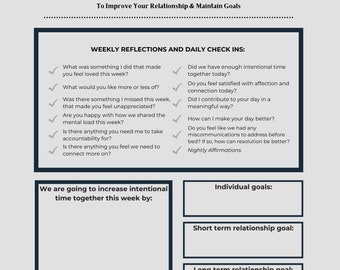 Könnte beinhalten: Eine druckbare Checkliste für Paare, um ihre Beziehung zu verbessern und Ziele zu erreichen. Die Checkliste enthält Fragen zu gemeinsamer Zeit, Zuneigung, Kommunikation und täglichen Beiträgen. Sie enthält auch Abschnitte für individuelle Ziele, kurzfristige Beziehungsziele und langfristige Beziehungsziele.