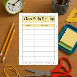 Op de afbeelding: Een printbaar aanmeldformulier voor een klasfeest met een gele achtergrond en een kleurrijke confettirand. Het formulier heeft twee kolommen met de labels "Naam van de leerling" en "Bijdrage".