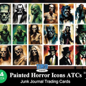 Stilisierte gemalte Horror Icons Halloween Sammelkarten Junk Journal ATC Sofortiger digitaler Download
