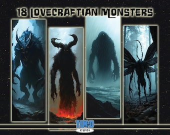 Puede incluir: Un conjunto de cuatro ilustraciones que representan monstruos lovecraftianos. El primer monstruo es una criatura oscura y peluda con ojos rojos brillantes. El segundo monstruo es una criatura alta, oscura y cornuda con ojos rojos brillantes. El tercer monstruo es una criatura humanoide alta, oscura, con cabello largo y fluido. El cuarto monstruo es una criatura alada, similar a un insecto, con ojos rojos brillantes.