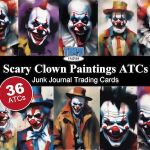 Pinturas de payasos aterradores Tarjetas coleccionables de terror de Halloween Descarga digital instantánea ATC Diario basura Scrapbooking Imprimible espeluznante