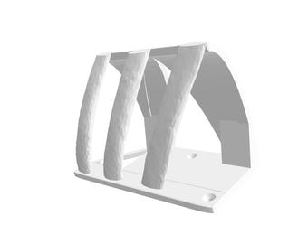 以下が含まれることがあります： 3Dレンダリングされた白い幾何学的なオブジェクト。長方形のベースに3つの垂直なアーチ型のサポートと湾曲した上部があります。サポートはテクスチャ加工された表面を持ち、ベースには2つの円形の穴があります。