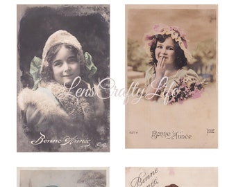 8 Vintage Winter Happy Party Karten Kinder 300dpi