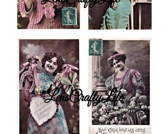 8 Vintage französische Damen Postkarten romantische Karten Ephemera Journaling Bilder Digitale Downloads