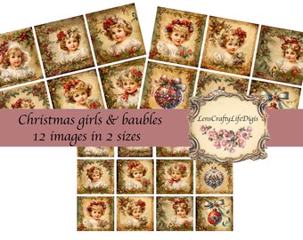 Nostalgische Weihnachtsmädchen und Christbaumkugeln Karten Tags