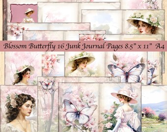 Notizbuch Blüte Schmetterling 16 Doppelseiten Junk Journal Damen Schmetterlinge zart rosa 8,5" x 11" A4