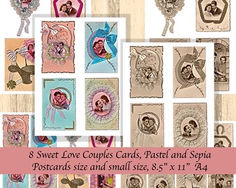 Süße Liebespaare Karten 8 Karten in zwei Farben und zwei Größen Pastell + Sepia, Postkarte + kleine Kärtchen, Valentinstag, 8,5"x 11"A4