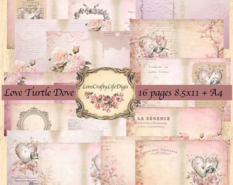 Love Turtle Dove 16 Doppelseiten Junk Journal A4 und 21 cm x 28 cm: in zwei Größen Valentines Day romantische Vögel Rosen Herzen