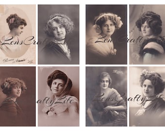 16 Vintage Ladies Fotopostkarten Set 1: 16 wunderschöne Damenbilder in drei verschiedenen Größen, gesamt 7 Seiten