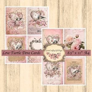 8 cartes postales Love Turtle Dove journal indésirable Saint Valentin romantique oiseaux coeurs roses rose