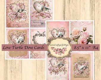8 Liebe Turteltaube Postkarten Junk Journal Valentinstag romantisch romantisch Vögel Herzen Rosen rosa