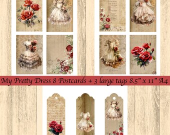 My Pretty Dress 8 Postkarten plus 3 große Geschenkanhänger vintage Rosen Karten