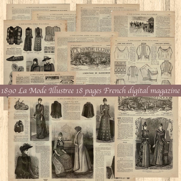 1890 La Mode Illustree Victorian 19 page digital download in 2 sizes large single and smaller double pages ladies dresses 8.5" x 11"  A4