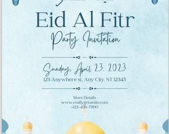 Puede incluir: Una invitación a una fiesta de Eid Al Fitr azul y dorada con una ilustración de una mezquita. La invitación incluye la fecha, la dirección y el sitio web para más detalles.