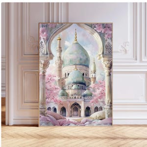 May include: Watercolor painting of a mosque with a large turquoise dome and minarets. The artwork features a soft color palette of pink, blue, and gold, with cherry blossoms framing the arched entrance. The painting is displayed in a room with white wainscoting and a wooden floor.