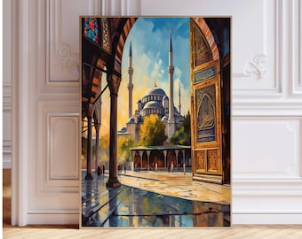 May include: A framed watercolor painting of a mosque with tall minarets and a large dome. The painting features a detailed view through an archway, with people walking in the foreground. The color palette includes blues, golds, and browns.