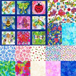 May include: A colorful quilt pattern featuring a variety of butterflies, dragonflies, ladybugs, bees, and floral designs. The quilt is made up of 16 different squares, each with a unique design.