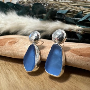 Seaglass stud earrings, Blue Seaglass, Sterling Silver earrings, Seaglass jewellery, Statement earrings, Drop earrings, Hammered studs