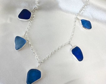 Seaglass choker ketting, Blue Seaglass, Sterling zilveren ketting, Strandsieraden, Charmeketting, Schotse Seaglass, Handgemaakte sieraden