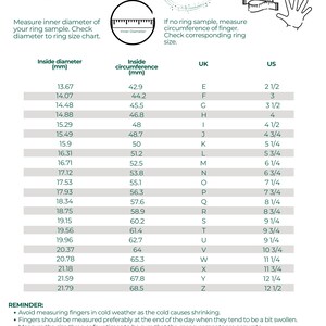 May include: A ring size guide chart with a green and white color scheme. The chart shows the inside diameter of a ring in millimeters, the corresponding inside circumference in millimeters, the UK ring size, and the US ring size. The chart includes a reminder to avoid measuring fingers in cold weather and to measure the size three or four times to ensure accuracy.