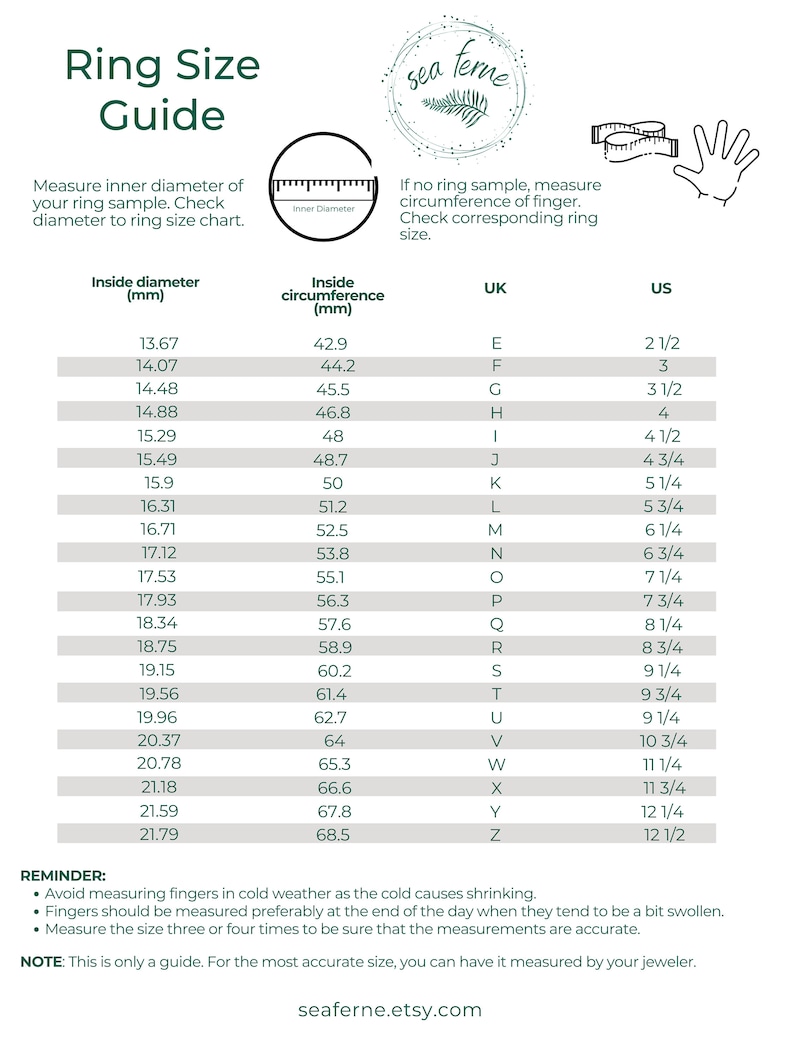 May include: A ring size guide chart with a green and white color scheme. The chart shows the inside diameter of a ring in millimeters, the corresponding inside circumference in millimeters, the UK ring size, and the US ring size. The chart includes a reminder to avoid measuring fingers in cold weather and to measure the size three or four times to ensure accuracy.