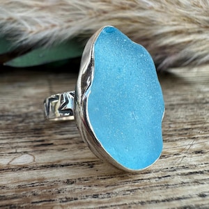 Anello in vetro di mare scozzese, gioiello in vetro da spiaggia color acquamarina, taglia UK K 1/2, taglia USA 5